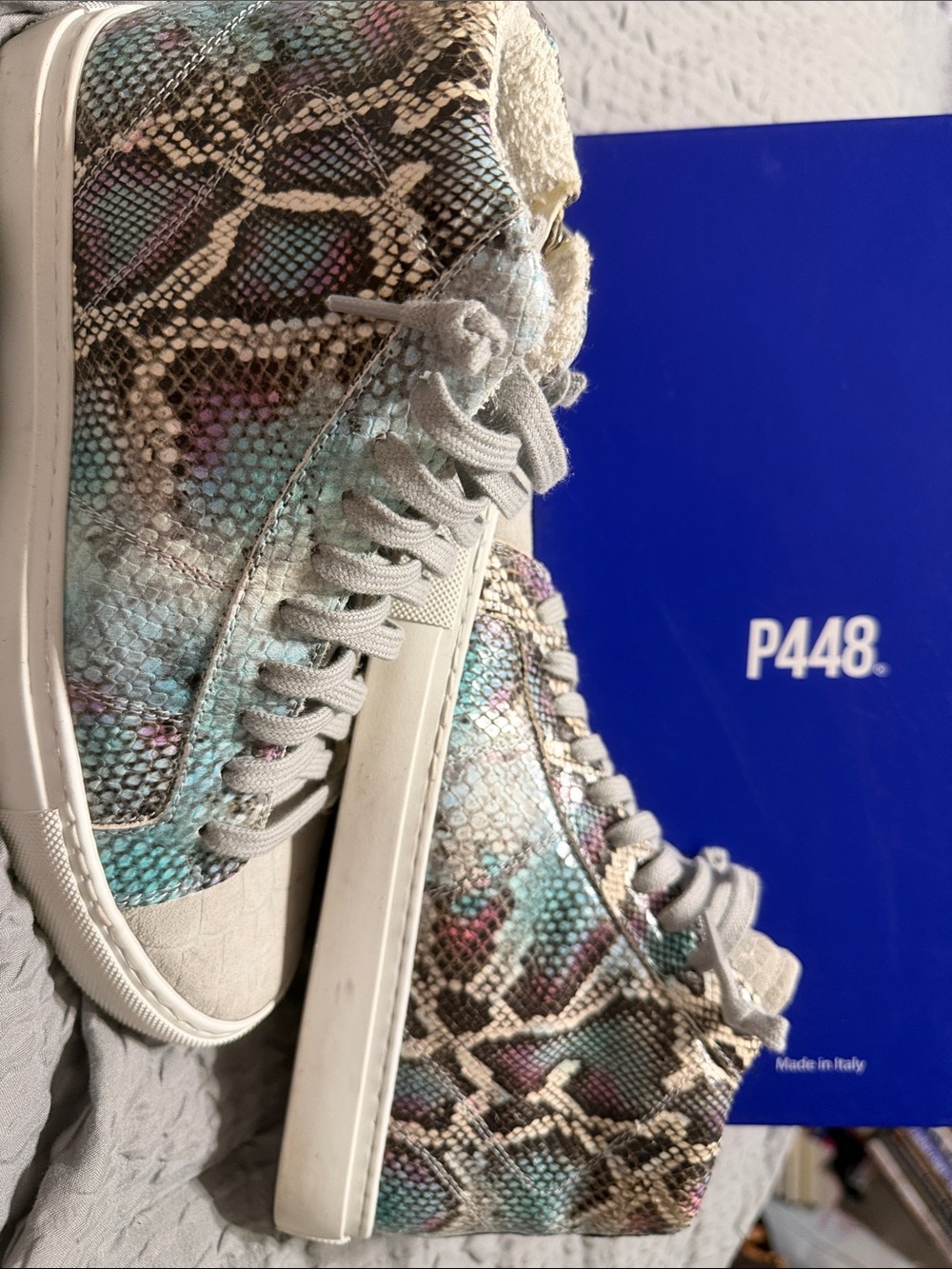 P448 Women's Snake-Print Low Top Sneakers in Mint, Purple, Cream